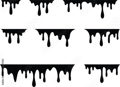 Black melt drips or liquid paint drops. Dripping liquid. Paint flows. Current paint, stains. Current drops. Current inks. Vector illustration. isolated on white background