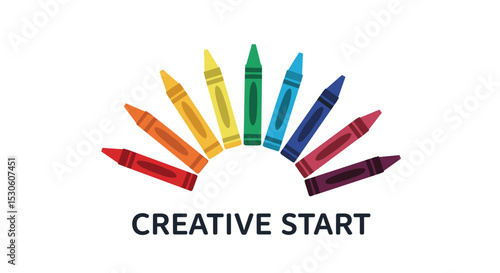 Colorful crayons arranged in an arc with "Creative Start" text