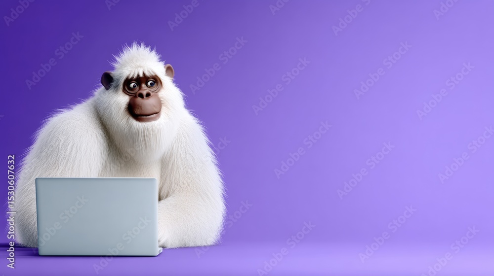 Obraz premium Cartoon illustration of a friendly white gorilla sitting at a laptop on a vibrant purple background, showcasing a whimsical and engaging scene of technology and creativity in a playful environment