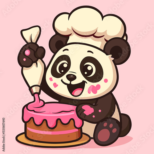 A joyful panda decorates a cake with bright pink icing, covered in frosting, wearing a tilted chef hat with sparkling eyes, on a simple pastel background.