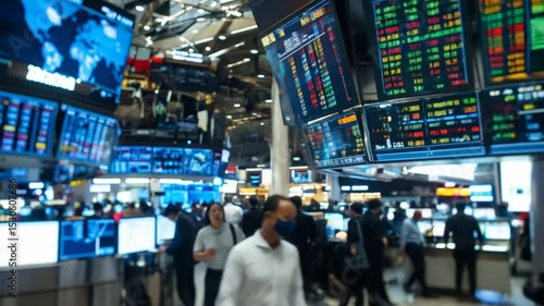 Bustling trading floor, data screens and busy traders indicating global markets operations