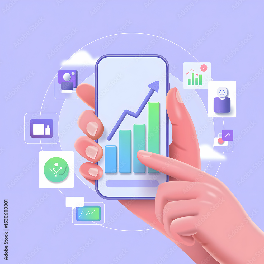 Hands Holding Smartphone Showing Upward Trending Bar Graph Hands Holding Smartphone Showing Upward Trending Bar Graph