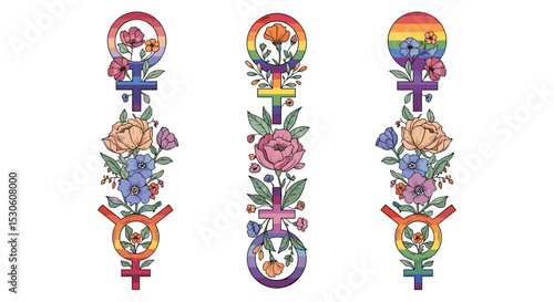 Floral feminist symbols with rainbow and colorful designs