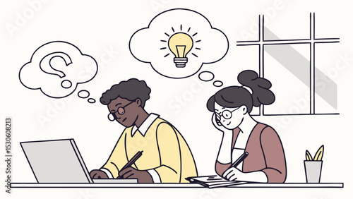 Illustration of two students studying with thought bubbles showing a question mark and a light bulb idea