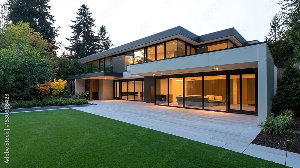 A modern two-story house with large glass windows, surrounded by trees and a spacious green lawn at dusk. A modern two-story house with large glass windows, surrounded by trees and a spacious green lawn at dusk.