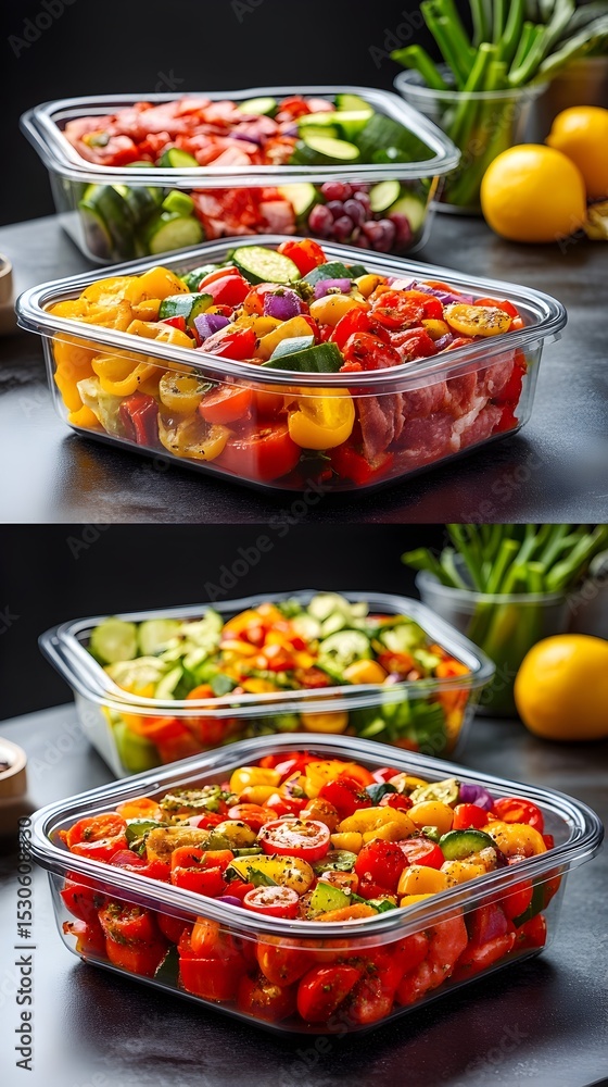 Prepped colorful veggies in containers, kitchen counter, meal prep Prepped colorful veggies in containers, kitchen counter, meal prep