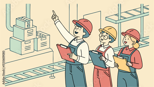 Three workers in hard hats with clipboards inspecting boxes on a conveyor belt in a warehouse setting