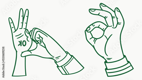 Illustration of two hands making ok gestures with green outlines against a white background in a flat style