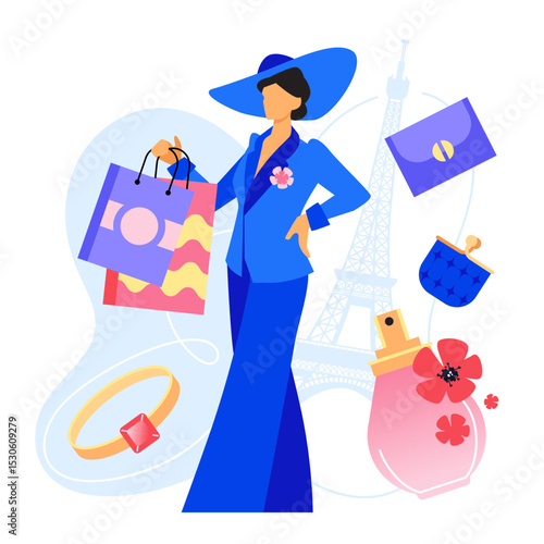 Shopping in France - colorful flat design style illustration