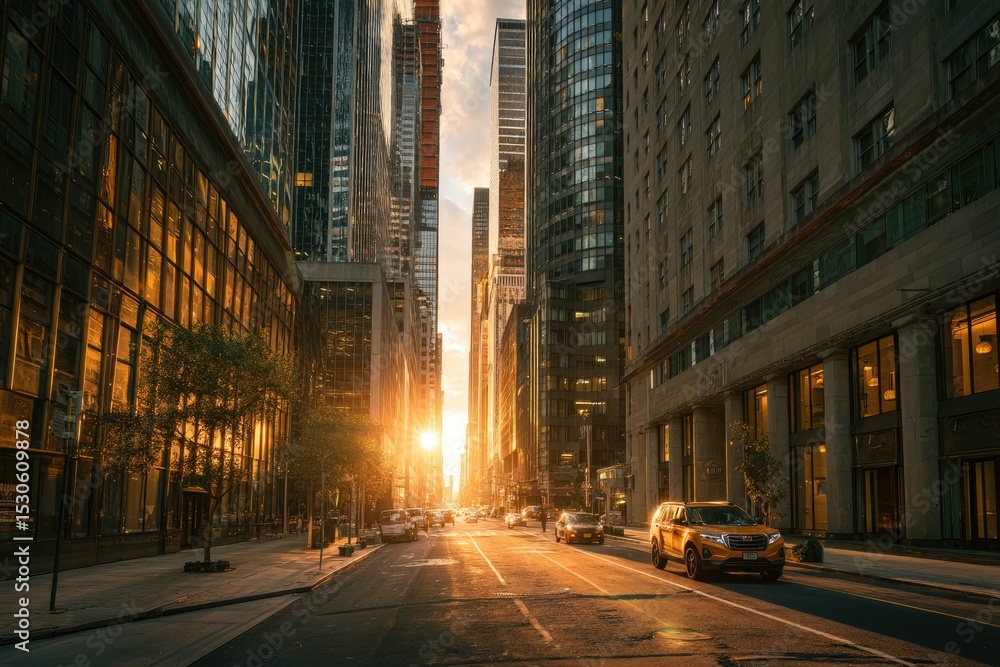 A city street bathed in golden sunlight at sunset. Skyscrapers line the avenue, their windows reflecting the setting sun. A vehicle travels down the road A city street bathed in golden sunlight at sunset. Skyscrapers line the avenue, their windows reflecting the setting sun. A vehicle travels down the road