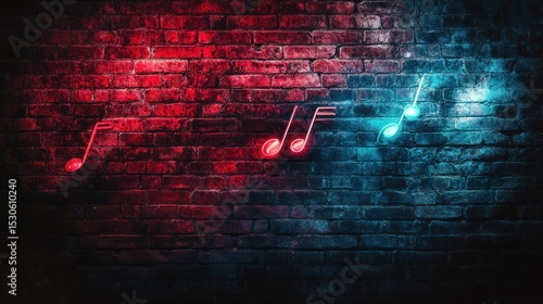 Neon music notes on a brick wall.
