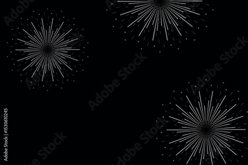 Festive vector horizontal background with silver fireworks on black background.