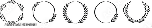 Set of black laurels wreath frames branches with circle borders. Hand drawn collection laurel leaves decorative elements. award, Leaves, invitation decoration, swirls, ornate. Vector icon illustratio