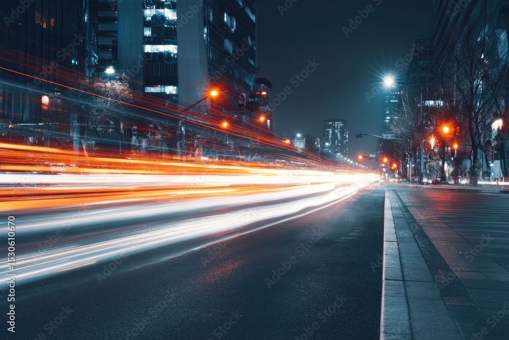 Night cityscape street scene with motion blur of car lights. Urban avenue at night, vibrant streaks of car lights, modern buildings flanking the roadway Night cityscape street scene with motion blur of car lights. Urban avenue at night, vibrant streaks of car lights, modern buildings flanking the roadway