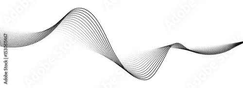 Abstract flowing dots particles wave pattern. Halftone gradient curve shape isolated on transparent background. Modern vector banner in concept of AI, technology, science, music festival.