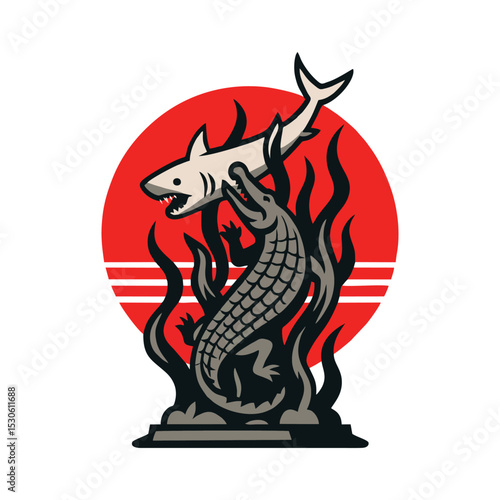  shark and alligator fighting surabaya logo with sun