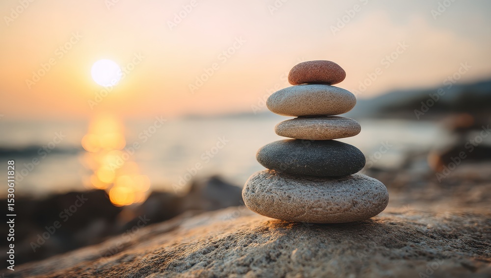 Fototapeta premium Stacked stones balance on beach at sunset