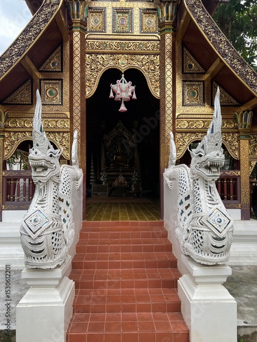 Editorial use only. Detailed view of a Buddhist temple entrance in Thailand