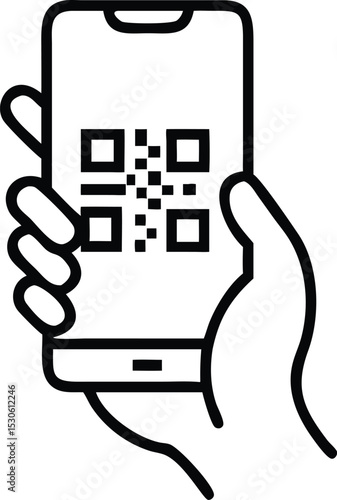 QR code scanning icon in smartphone. hand holding Mobile phone in line style, barcode scanner for pay, web, mobile app, promo. Vector illustration.