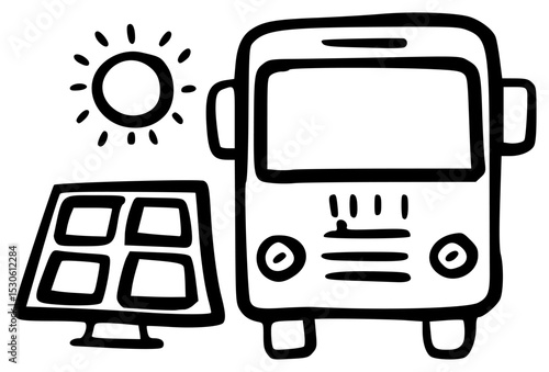 Hand-drawn sketch line brush solar powered bus.