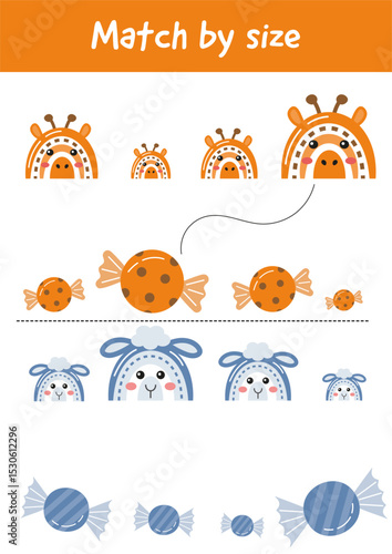 Logical games, educational activities for kids. Learning games for preschool, kindergarten. Match by size, big small. Printable worksheets, Training focus, concentration, attention, teacher resources.