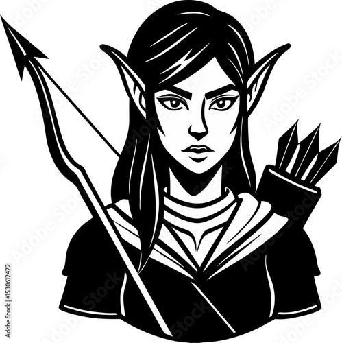 Vector illustration of an elven archeress ready for action in black and white style