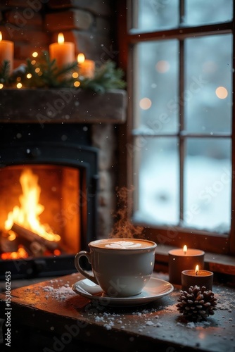 Cozy winter scene featuring a warm beverage beside a crackling fireplace, snow falling gently outside the window Perfect for winter holiday, hygge, and cozy home vibes , mug, hygge