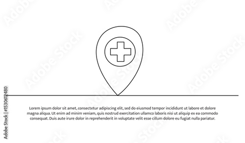 One line map pointer icon with cross hospital symbol position. Abstract minimal continuous line.
