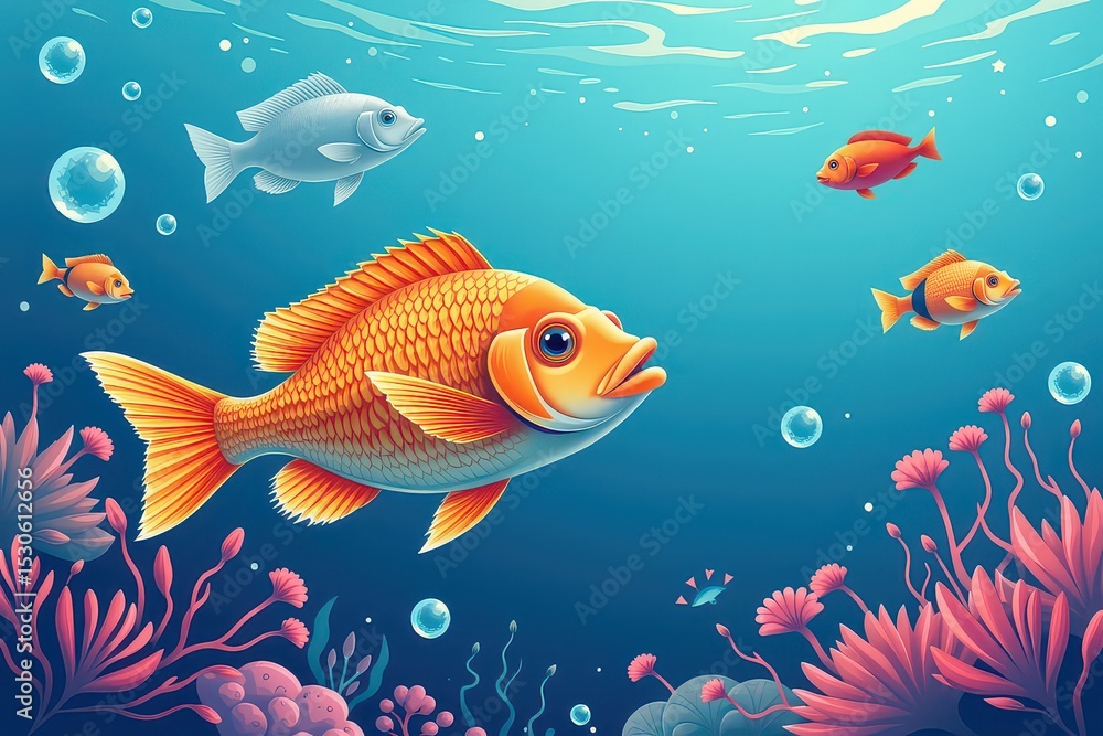 Fototapeta premium Colorful underwater scene featuring various fish and vibrant corals.