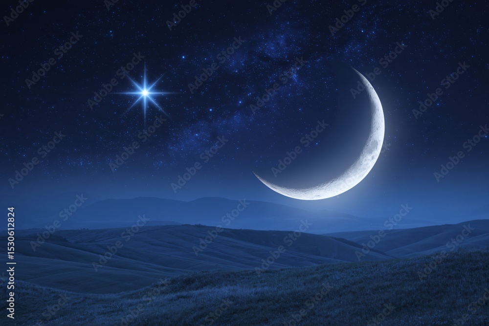 A bright star is positioned near a crescent moon in a deep blue night sky filled with stars, above rolling hills. A bright star is positioned near a crescent moon in a deep blue night sky filled with stars, above rolling hills.