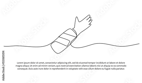One line hand is bandaged with plaster. Abstract minimal continuous line.