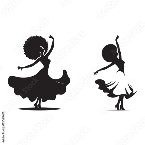 Vector silhouette of a woman with natural afro dancing joyfully, Juneteenth celebration, elegant and bold lines, centered on white background, minimalist layout
