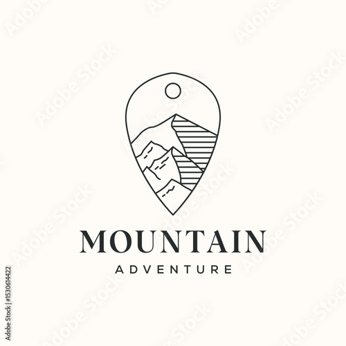 mountain adventure location pin line art logo vector minimalist illustration design, mountain outdoor symbol design