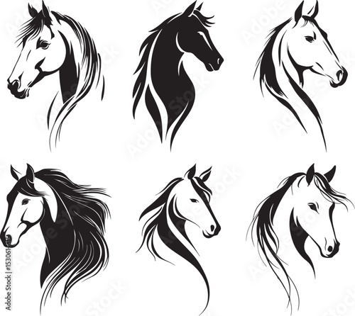 Horse Head Silhouette Set Featuring Six Stylized Profiles with Flowing Manes in Black Vector Design