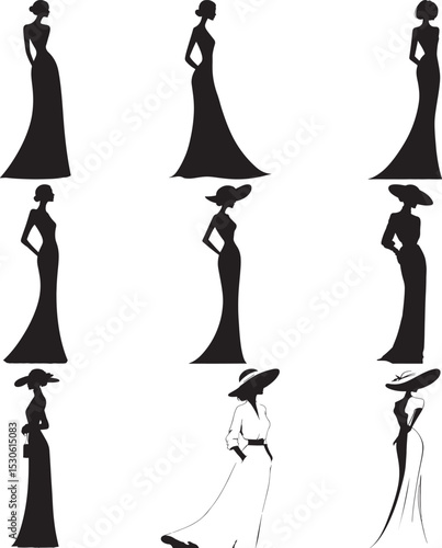  Fashion Silhouette Grid Featuring Eight Stylish Poses and One Outlined Accessorized Figure in Black Vector Style