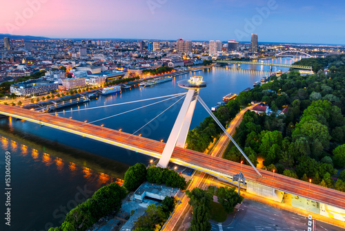 Aerial view of part of the capital city of Slovakia, Bratislava, during summer sunset