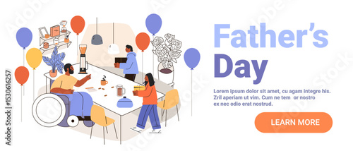 Father's day family celebration gifts balloons kitchen table coffee diverse people home interior web banner