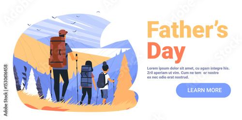 Father and children hiking mountain landscape outdoor adventure family bonding colorful nature scene backpackers abstract background web banner