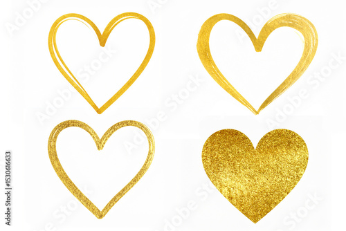 set of golden hand drawn heart. paint brush stroke gold heart design element for Valentines Day card.