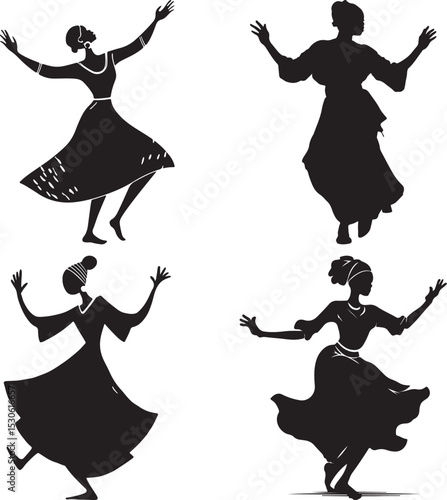 Stylized Dance Silhouette Quartet Featuring Flowing Dresses and Raised Arm Poses in Black Vector Style