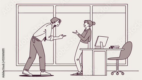 Two colleagues arguing in an office setting with a desk, computer, and chair in the background area scene