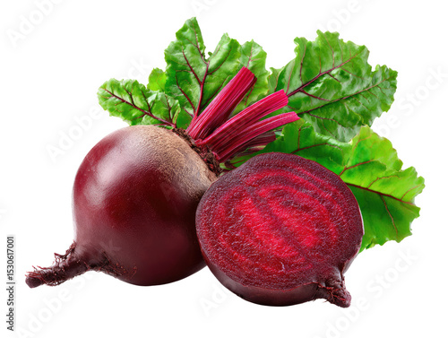 Freshly Harvested Beetroot: A vibrant composition showcases the earthy allure of fresh beetroot, both whole and halved, revealing their rich color and fresh leaves.