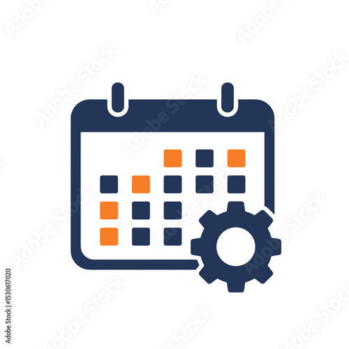 Calendar icon with settings gear in blue and orange colors  
