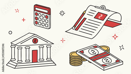 Illustration of financial planning elements including calculator bank money and paperwork items shown