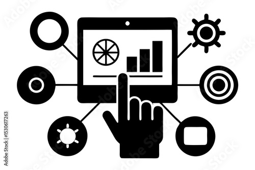 Modern Digital Touchscreen Interface with Hand Icon, Device, Menu, Gear & Chart