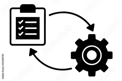 Gear Mechanism Linked to Checklist, Arrow Loop, Clock & Flowchart – Interactive Design Guide