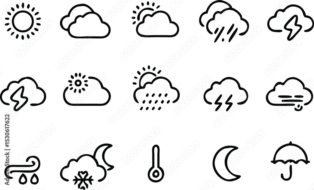 Collection of weather thin line icons, sun, cloud, moon, wind, thermometer isolated on white background, weather business concept, vector illustration Collection of weather thin line icons, sun, cloud, moon, wind, thermometer isolated on white background, weather business concept, vector illustration