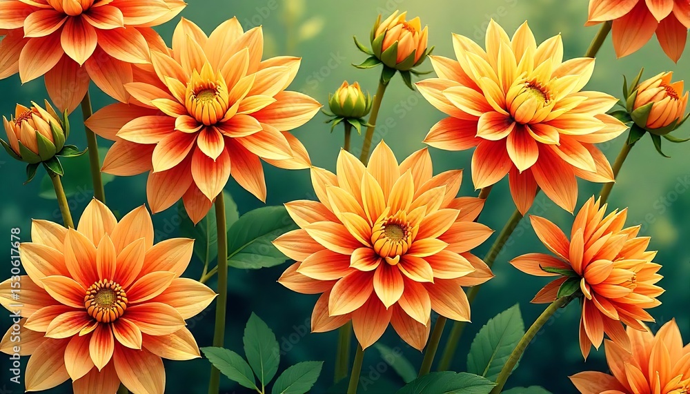 Obraz premium dahlia blooms gracefully arranged in a vibrant seamless floral pattern, Seamless Chrysanthemum Pattern, created with generative ai