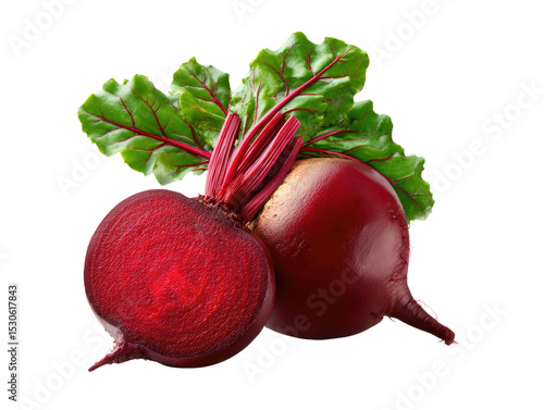 Fresh Beetroots: Two vibrant beetroots, one sliced to reveal their deep red interior, sit alongside fresh green leaves. The image is a close-up.