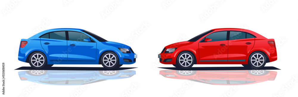 Fototapeta premium Two cars facing each other symbolizing trade war concept blue and red vehicles on reflective surface automotive competition theme